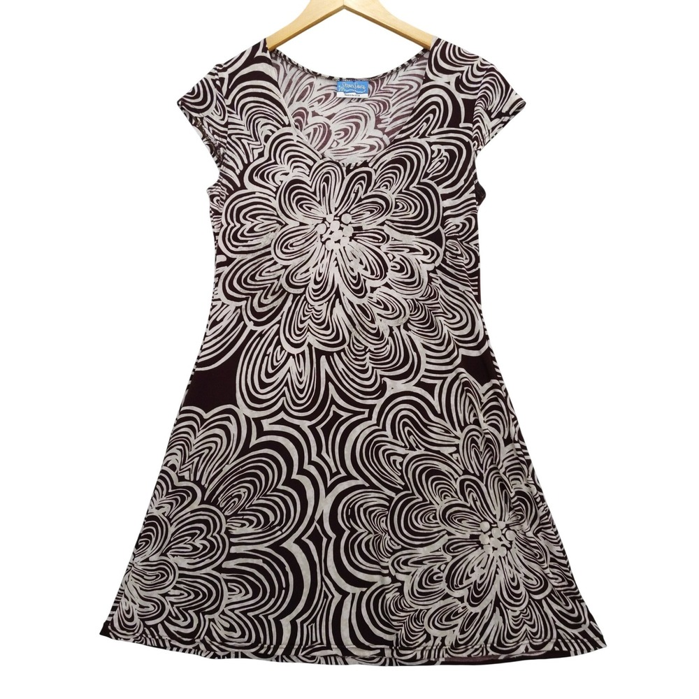Dream Dance Mini Dress Women S Brown White‎ Floral Swirl Cap Sleeve A-Line